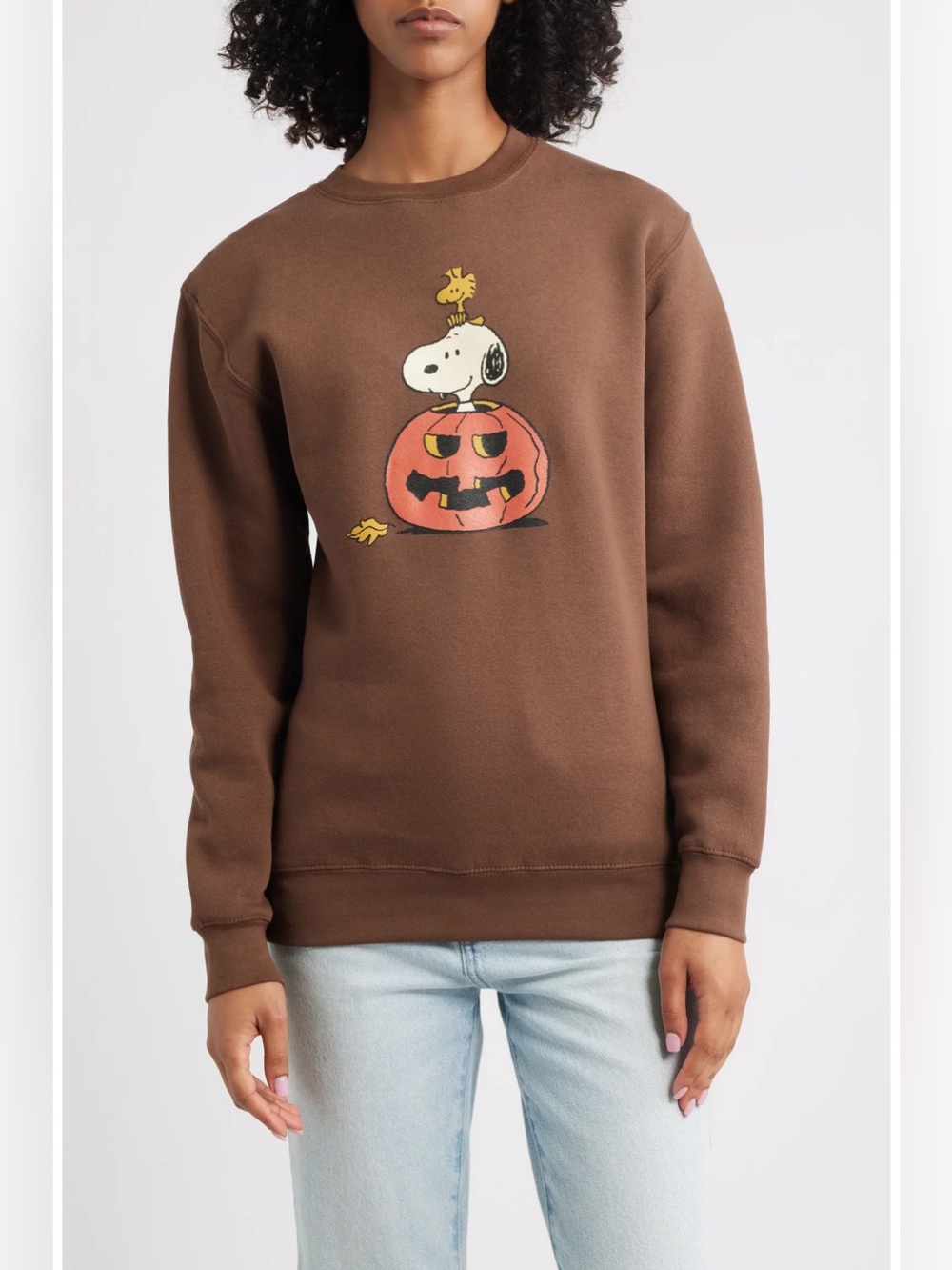 🎃GOLDEN HOUR Peanuts Snoopy Jack O' Lantern Fleece Graphic Sweatshirt, Brown, XL